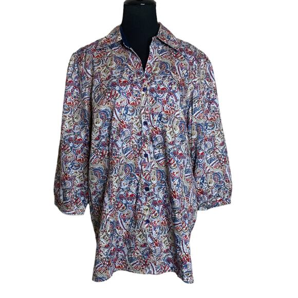 Dressbarn colorful paisley print 3/4 sleeves button blouse size 14/16 - Picture 1 of 10